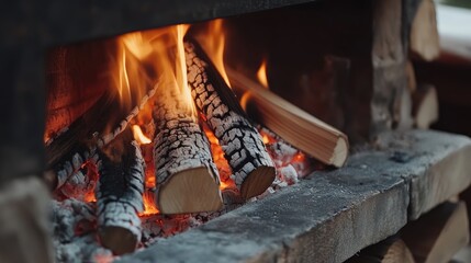 Poster - Cozy rustic fireplace with burning logs and vibrant orange embers creating warmth in a winter setting closeup of the hearth scene