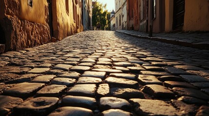 Poster - Renewed cobblestone street in an old town with warm sunlight illuminating historic buildings and creating a charming atmosphere