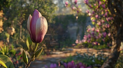 Poster - Magnolia bud in the foreground with a vibrant garden backdrop showcasing blooming flowers and lush greenery in a tranquil setting.