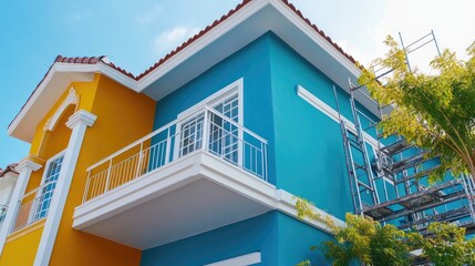Poster - Vibrant Home Facade with Fresh Wall Painting and Scaffolding in Bright Colors