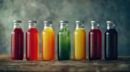 Poster - Colorful detox juices in glass bottles on rustic wooden background promoting healthy vegan lifestyle and summer wellness drink options