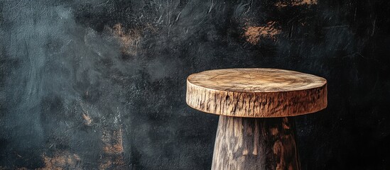 Poster - Handcrafted wooden stool highlighting natural texture against a rustic table background for stylish interior design accent