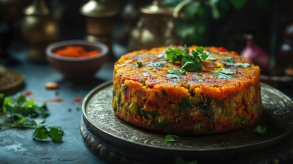 Poster - Traditional Handvo vegetable cake served on a decorative plate garnished with fresh herbs and spices showcasing Indian culinary heritage