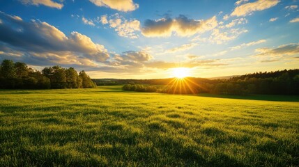 Aufkleber - Sunset over a lush green meadow with vibrant clouds in a serene countryside landscape showcasing nature's beauty and tranquility.