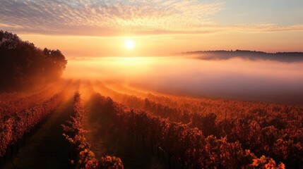Poster - Sunrise Over a Foggy Vineyard Landscape with Lush Grapevines and Soft Clouds in the Sky