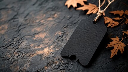 Poster - Halloween themed black tag with wooden decor and autumn leaves on textured background space for customization or message