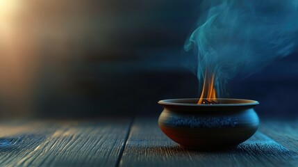 Poster - Incense pot releasing fragrant smoke with a serene ambiance and natural wooden background representing tranquility and calmness.