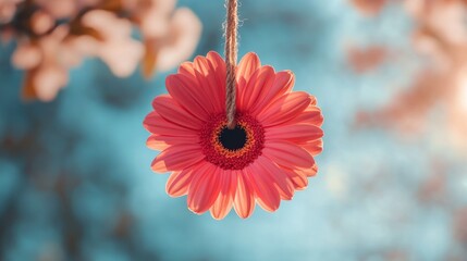 Aufkleber - Hanging Pink Gerbera Flower with Soft Blue Background in Natural Light