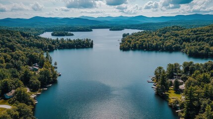 Poster - Serene Aerial View of Lush Green Lakes Surrounded by Mountains and Forests in Tranquil Nature Landscape