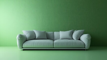 Aufkleber - Stylish Gray Sofa with Cushions on Monochromatic Green Wall Modern Home Interior Design Concept