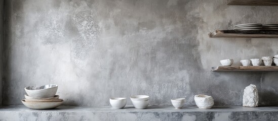 Poster - Artisanal grey plaster wall texture accentuating handcrafted pottery and minimalist kitchen decor in a modern interior setting