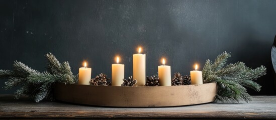 Aufkleber - Handcrafted modern advent wreath with lit candles enhancing holiday spirit in a rustic setting perfect for Sunday celebrations and festive decor