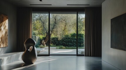 Wall Mural - Modern minimalist interior featuring a sculpture and large window with natural light illuminating greenery outside