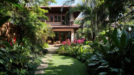 Poster - Serene home garden showcasing a variety of lush plants surrounded by colorful flowers and a charming house backdrop