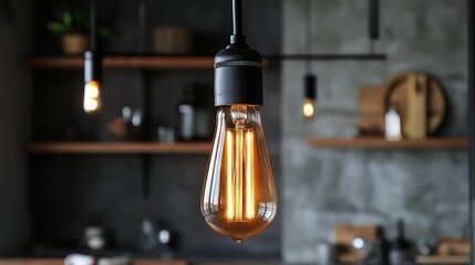 Poster - Vintage incandescent bulb with decorative lamp design in modern kitchen interior showcasing warm atmospheric lighting