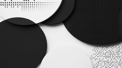 Poster - Geometric abstract composition of overlapping black and white circular shapes on a dotted background for design and creative applications