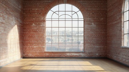 Poster - Historic red brick wall with arched window overlooking a scenic view, ideal for interior design or architectural presentations