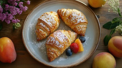 Poster - Elegant display of three flaky pastries on a plate with fresh fruits and blossoms for a delightful dessert presentation