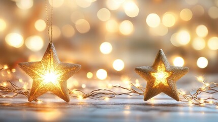 Poster - Golden festive background with shimmering light garland stars and bokeh effect creating a warm holiday atmosphere.