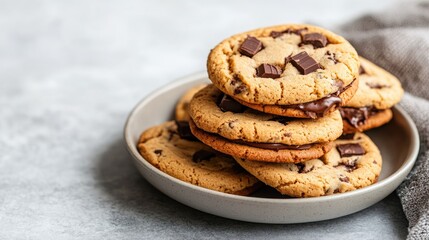 Poster - Homemade cookie sandwiches stacked on a plate with chocolate filling against a light gray background perfect for showcasing delicious snacks