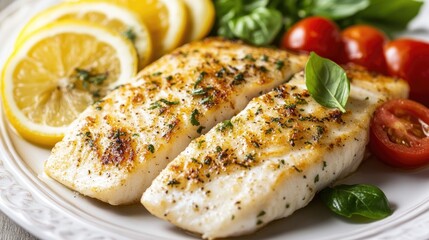 Aufkleber - Grilled Fish Fillet with Lemon Slices and Fresh Vegetables on a White Plate
