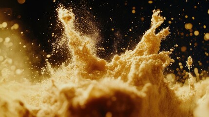 Poster - Golden sand explosion creating an abstract cloud against a dark background showcasing dynamic movement and texture in fine particles.