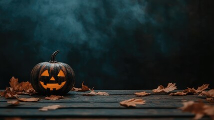 Poster - Halloween pumpkin decoration on wooden table surrounded by autumn leaves and misty background creating a festive seasonal atmosphere