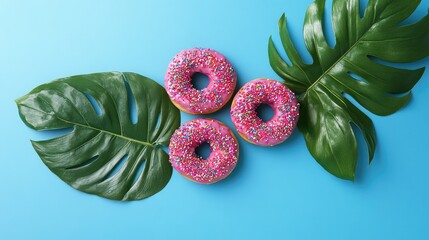 Poster - Flat lay of three colorful pink donuts with sprinkles surrounded by tropical leaves on vibrant blue background for creative food concept