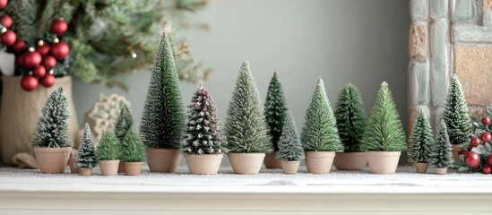 Aufkleber - Festively decorated miniature Christmas trees in various sizes arranged on a mantel creating a cozy holiday atmosphere perfect for decoration.