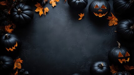 Poster - Elegant Halloween Party Invitation Mockup with Black Pumpkins and Autumn Leaves on Dark Background