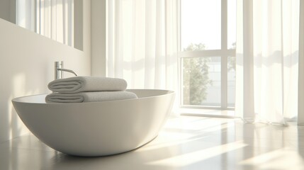 Aufkleber - Modern bathroom with serene design featuring a freestanding tub and soft natural light through sheer curtains