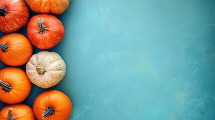Poster - Festive Halloween Pumpkins Arrangement on Turquoise Background for Seasonal Greeting Cards and Posters