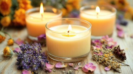 Poster - Aromatherapy Ambiance with Natural Wax Candles Essential Oils and Colorful Dried Flowers for Relaxation and Comfort