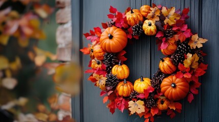 Poster - Autumn Pumpkin Wreath with Colorful Leaves and Pinecones for Festive Front Door Decoration
