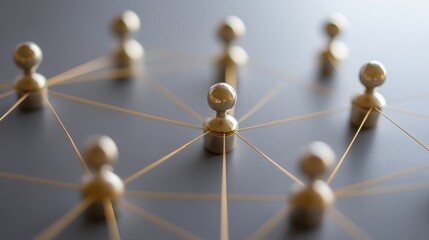 Fototapete - Connected Network of Community Members Represented by Golden Lines and Metal Nodes on a Dark Background