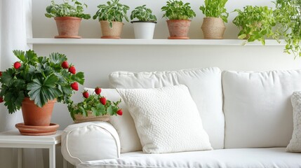 Poster - Indoor biophilic summer home decor featuring white sofa, shelves adorned with potted strawberry plants and vibrant greenery in natural light