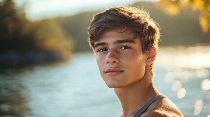 Poster - Young man by the serene lake enjoying nature's beauty with a calm expression and warm sunlight illuminating his face