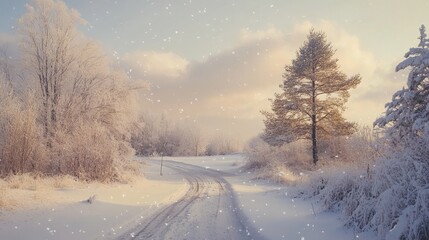 Poster - Serene winter landscape with gentle snowfall and frosty trees along a winding road at sunset