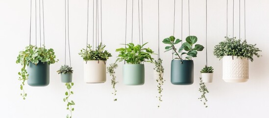Poster - Elegant arrangement of hanging green plant pots on a modern shelf creating stylish home decor inspiration and a fresh indoor atmosphere
