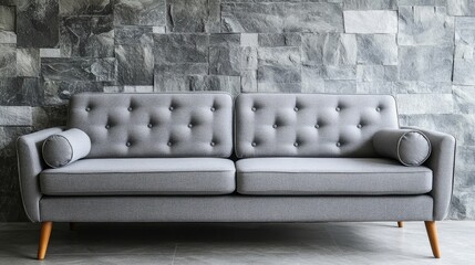 Aufkleber - Minimalist Gray Sofa in Modern Interior with Stone Wall Design Elegant Home Decor Concept
