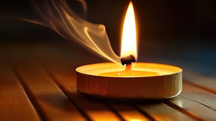 Poster - Incense stick ignited by candle flame with smoke curling in a serene setting creating a tranquil atmosphere for meditation and relaxation