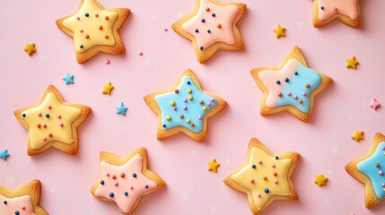 Poster - Pastel Halloween star cookies decorated with colorful sprinkles on a soft pink background for festive celebrations