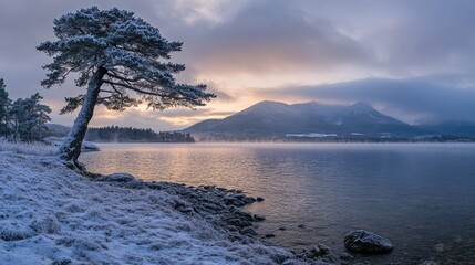 Poster - Winter lake landscape at sunset with frosted pine tree and foggy mountains under cold cloudy skies