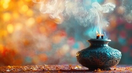 Poster - Elegant incense burner releasing fragrant smoke with a colorful blurred background highlighting a serene and tranquil atmosphere.