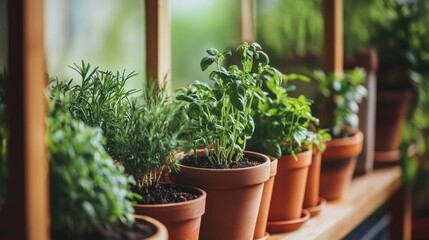 Poster - Home Greenhouse Displaying Vibrant Assorted Herb Plants in Terracotta Pots on Wooden Shelves in Natural Light