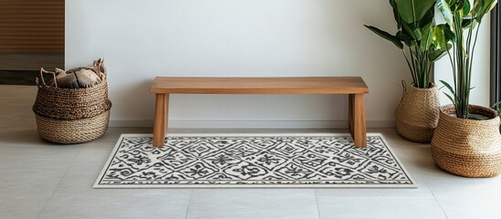 Poster - Elegant patterned runner carpet on a clean white floor with wooden bench and potted plants for contemporary home decor inspiration