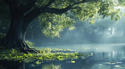 Aufkleber - Serene reflection of a majestic tree in tranquil lake water amidst a misty wildlife sanctuary setting