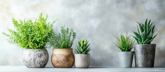Poster - Home plants in rustic pots with a light grey grunge background enhancing a serene and inviting indoor atmosphere for decor inspirations