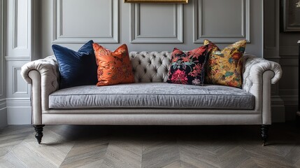 Aufkleber - Elegant gray tufted sofa with vibrant cushions set on stylish herringbone hardwood flooring in a classic interior design setting