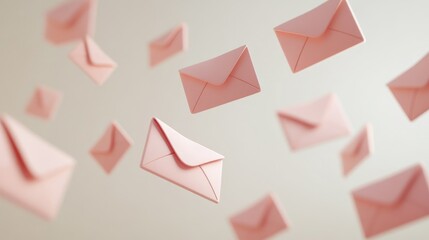 Minimalist Email Management Concept Featuring Floating Pink Envelopes on a Soft Background for Online Marketing and Communication Themes
